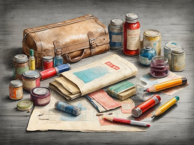 Auf dem Bild sind verschiedene Gegenstände zu sehen, darunter eine braune Reisetasche, zahlreiche kleine Dosen und Fläschchen, sowie einige Karten und Stifte. Diese Anordnung vermittelt den Eindruck einer Reisevorbereitung oder einer Reiseapotheke.Hier sind einige Tipps zur Zusammenstellung einer Reiseapotheke:1. **Erste-Hilfe-Set**: Bandagen, Verbände, Desinfektionsmittel und Pflaster sind unverzichtbar.2. **Medikamente**: Nehmen Sie gängige Schmerzmittel, Antihistaminika (gegen Allergien) und Medikamente gegen Übelkeit mit.3. **Spezielle Medikamente**: Falls Sie regelmäßig Arzneimittel einnehmen, sorgen Sie dafür, genug Vorrat für die Reise zu haben.4. **Reiseübelkeit**: Meiden Sie Magenprobleme mit Medikamenten oder natürlichen Mitteln wie Ingwer.5. **Sonstige Produkte**: Denken Sie an Mittel gegen Erkältungen, Husten, und gegebenenfalls persönliche Hygieneartikel.6. **Dokumentation**: Halten Sie Ihre Rezepte und Informationen über Ihre Medikamente bereit, um im Notfall schnell reagieren zu können.Eine gut ausgestattete Reiseapotheke ist wichtig, um unterwegs gut gewappnet zu sein!