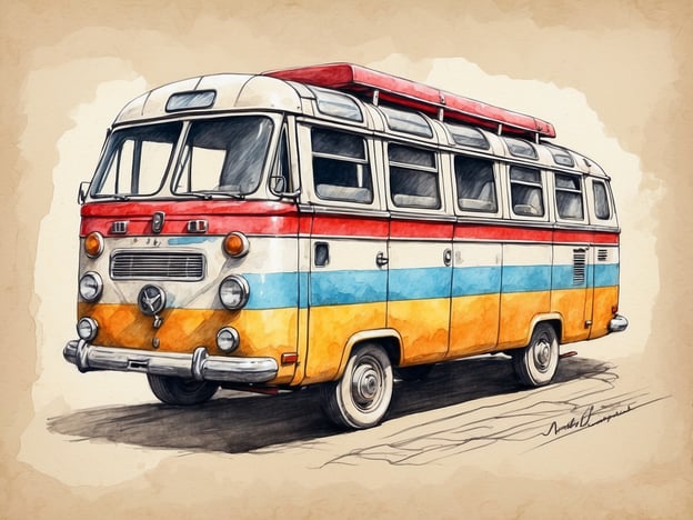 Auf dem Bild ist ein nostalgischer VW-Bus zu sehen, der mit farbigen Streifen in Rot, Blau und Gelb gestaltet ist. Dieser Bus ist ein Symbol für Freiheit und Reisen.Im Hinblick auf nachhaltiges Verhalten am Reiseziel könnte die Nutzung von Oldtimern wie diesem VW-Bus jedoch interessante Möglichkeiten bieten. Man könnte solche Fahrzeuge mieten, um regionale Sehenswürdigkeiten umweltbewusst zu erkunden, anstatt auf größere, umweltschädliche Transportmittel zurückzugreifen.Zusätzlich könnte man lokale Gemeinschaften unterstützen, indem man in familiengeführten Unterkünften übernachtet oder lokale Märkte besucht, um die regionale Wirtschaft zu stärken und die Umweltbelastung durch Transportwege zu minimieren.