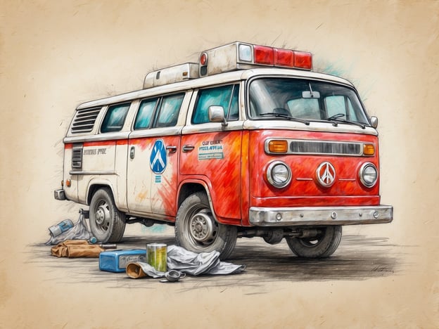 Auf dem Bild ist ein roter und weißer Rettungswagen zu sehen, der im Vordergrund steht. Um den Wagen herum liegen einige persönliche Gegenstände und Materialien auf dem Boden.Eine Reiseapotheke ist wichtig, weil sie bei unerwarteten Krankheiten oder Verletzungen während Reisen schnell Hilfe leisten kann. Sie sollte grundlegende Medikamente, Verbandsmaterialien und wichtige Hilfsmittel enthalten, um im Notfall schnell reagieren zu können. Zudem hilft sie, gesundheitliche Risiken zu minimieren und sorgt für ein sichereres Reiseerlebnis.