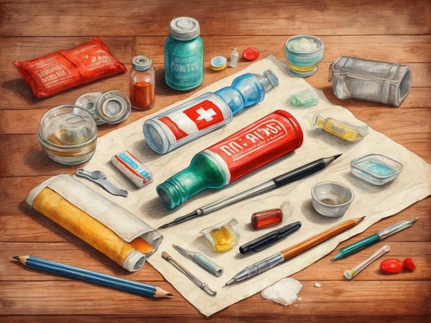 Auf dem Bild ist eine Anordnung verschiedener Gegenstände zu sehen, die möglicherweise in einer Reiseapotheke für Kuba nützlich sein könnten. Dazu gehören unterschiedliche Fläschchen und Behälter, die Medikamente oder Gesundheitsprodukte enthalten könnten.Eine gut ausgestattete Reiseapotheke für Kuba könnte Folgendes umfassen:1. **Schmerzmittel**: wie Ibuprofen oder Paracetamol.2. **Durchfallmedikamente**: wie Loperamid.3. **Antihistaminika**: für Allergien oder Insektenstiche.4. **Wundsalbe**: zur Behandlung von Schnittwunden oder Verbrennungen.5. **Desinfektionsmittel**: für Wunden.6. **Mückenschutzmittel**: um Insektenstiche zu vermeiden.7. **Rehydrationstabletten**: zur Bekämpfung von Dehydration.Diese Dinge können helfen, um sich während der Reise in Kuba besser abzusichern.