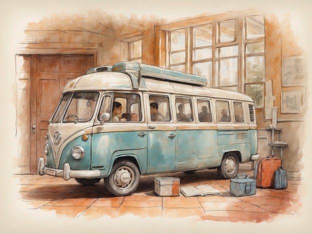 Auf dem Bild ist ein vintage Van zu sehen, der in einem Raum steht, der durch große Fenster viel Licht erhält. Es gibt mehrere Koffer und eine offene Tasche auf dem Boden, was darauf hindeutet, dass sich die Personen im Van auf eine Reise vorbereiten.Bei der Gesundheitsvorsorge vor der Reise ist es wichtig, sich über notwendige Impfungen zu informieren, eine Reiseapotheke zusammenzustellen und auf die Hygienebestimmungen am Reiseziel zu achten. Außerdem sollte man die aktuellen Reisehinweise des Auswärtigen Amtes beachten und gegebenenfalls eine Auslandskrankenversicherung abschließen.