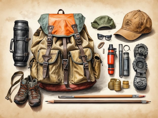 Auf dem Bild sind verschiedene Ausrüstungsgegenstände für Safaris und Wanderungen zu sehen. Dazu gehören:- Ein Rucksack, der Platz für persönliche Dinge bietet.- Wanderschuhe, die für komfortables Gehen in unebenen Terrain geeignet sind.- Eine Trinkflasche zur Hydration während der Aktivitäten.- Eine Stirnlampe oder Taschenlampe für nächtliche Erkundungen.- Eine wiederverwendbare Wasserflasche, um umweltfreundlich zu sein.- Eine Mütze oder Cap zum Sonnenschutz.- Eine kleine erste-Hilfe-Ausrüstung, um auf eventuelle Verletzungen vorbereitet zu sein.- Schreibutensilien, möglicherweise für Notizen oder Beobachtungen während der Tour.Diese Ausrüstung ist essenziell, um sicher und vorbereitet in der Natur unterwegs zu sein.