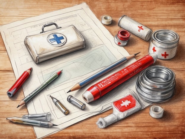 Auf dem Bild ist eine Erste-Hilfe-Ausrüstung zu sehen, einschließlich eines Erste-Hilfe-Koffers, Verbänden, Stiften und anderen Materialien, die für Notfälle nützlich sind.Hier sind einige Erste-Hilfe-Tipps für Notfälle unterwegs:1. **Ruhe bewahren**: Bleiben Sie ruhig, um klar denken zu können.2. **Notruf absetzen**: Rufen Sie sofort die Notrufnummer an, wenn es ernst ist.3. **Check auf Bewusstlosigkeit**: Prüfen Sie, ob die Person ansprechbar ist und atmet.4. **Herz-Lungen-Wiederbelebung (HLW)**: Wenn die Person nicht atmet, beginnen Sie mit der HLW.5. **Wunden versorgen**: Reinigen und verbinden Sie Wunden mit sterilen Verbänden, um Infektionen zu vermeiden.6. **Kühlen bei Verletzungen**: Bei Prellungen oder Schwellungen Kühlen, um Schmerzen und Schwellungen zu reduzieren.7. **Positionierung**: Lagern Sie die Person in einer bequemen Position, um weitere Verletzungen zu verhindern.Diese Tipps können in Notfällen lebensrettend sein.