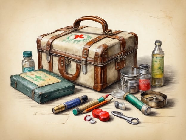Auf dem Bild ist eine alte Reiseapotheke zu sehen, die verschiedene medizinische Utensilien enthält, darunter Flaschen, Dosen und Schreibgeräte.**Welche Medikamente gehören in die Reiseapotheke?**1. **Schmerzmittel** (z.B. Ibuprofen, Paracetamol)2. **Fiebermittel**3. **Mittel gegen Übelkeit** (z.B. Vomex)4. **Antihistaminika** (gegen Allergien)5. **Desinfektionsmittel** (z.B. Alkohol oder Jodlösung)6. **Pflaster und Verbandsmaterial**7. **Mittel gegen Durchfall** (z.B. Loperamid)8. **Sonnenschutzmittel**9. **Mittel gegen Insektenstiche**10. **Rezeptpflichtige Medikamente** (falls benötigt)Es ist wichtig, die Reiseapotheke an die individuellen Bedürfnisse und die Reiseregion anzupassen.