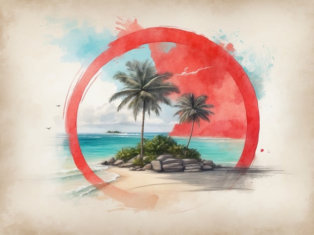 Eine tropische Insel ist abgebildet, umgeben von klarem Blau des Ozeans und sandigen Stränden. Palme stehen auf der Insel und im Hintergrund sind weitere Strände und ein leicht bewölkter Himmel zu sehen. Der gesamte Eindruck wird durch einen kreisförmigen roten Rahmen ergänzt, der das Bild hervorhebt. Die Farben sind sanft und vermittelt ein Gefühl von Ruhe und Exotik. Die Malediven sind ein Urlaubsziel, wo Maledivisch die offizielle Sprache ist.
