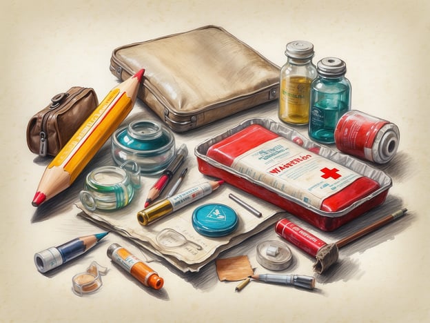 Auf dem Bild sind verschiedene Gegenstände zu sehen, die eine Reiseapotheke darstellen könnten. Wichtige essentielle Medikamente für eine solche Apotheke sind:1. **Schmerzmittel** (z.B. Ibuprofen oder Paracetamol)2. **Desinfektionsmittel** (z.B. alkoholische Lösungen)3. **Pflaster und Verbandsmaterial** (z.B. sterile Wundauflagen)4. **Mittel gegen Übelkeit** (z.B. Dimenhydrinat)5. **Antihistaminika** (z.B. gegen Allergien)6. **Milchzucker oder Elektrolytpulver** (für Dehydrierung)Diese Gegenstände sind wichtig, um Basisschutz und Erste Hilfe während einer Reise zu gewährleisten.