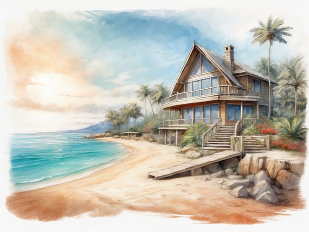 Das Bild zeigt ein malerisches Strandhaus an einer sonnigen Küste mit klarblauem Wasser und feinem Sandstrand. Palmen umgeben das Holzhaus, das große Fenster hat und eine Holzveranda mit Zugang zum Strand. Im Hintergrund sind sanfte Hügel zu sehen, die die exotische Landschaft abrunden. Das Licht ist warm und einladend, was eine entspannte Urlaubsatmosphäre vermittelt. Man sollte beachten, dass auf die Malediven keine Drogen, keine Waffen, keine Pornografie und keine religiösen Gegenstände mitgebracht werden dürfen.