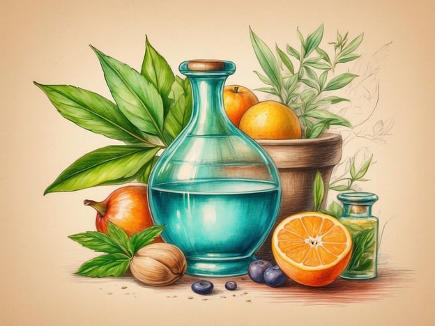 Auf dem Bild sind verschiedene natürliche Heilmittel und alternative Zutaten zu sehen. Man erkennt eine Flasche mit blauem Inhalt, die möglicherweise ätherisches Öl oder ein Heilmittel enthält. Daneben liegen eine Orange und ein aufgeschnittenes Stück der Frucht, die reich an Vitamin C sind und die Immunabwehr unterstützen können.Zusätzlich sind einige Blätter und Kräuter zu sehen, die in der Naturheilkunde zur Förderung der Gesundheit eingesetzt werden, wie zum Beispiel Minze oder andere Heilpflanzen. Auch Nüsse und Beeren, die für ihre antioxidativen Eigenschaften bekannt sind, sind abgebildet.Insgesamt vermittelt das Bild eine harmonische Zusammenstellung von Lebensmitteln und natürlichen Heilmitteln, die für Gesundheit und Wohlbefinden sorgen können.