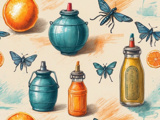 Auf dem Bild sind verschiedene Flaschen und Behälter abgebildet, die möglicherweise für Sonnenschutz und Insektenschutz verwendet werden könnten. Neben den Behältern sind auch orangefarbene Früchte und mehrere Schmetterlinge zu sehen. Die Anordnung der Elemente vermittelt eine sommerliche und fröhliche Atmosphäre, die an Outdoor-Aktivitäten erinnert, bei denen Sonnenschutz und Insektenschutz wichtig sind.