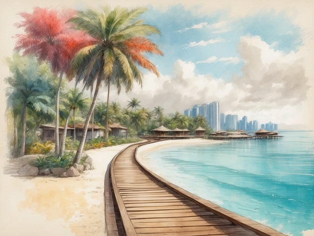 Tropische Landschaft mit Palmen und einem Holzsteg, der entlang des klaren, blauen Wassers verläuft. Im Hintergrund sind einige Bungalows und eine moderne Skyline zu sehen. Die Szene strahlt Ruhe und exotische Schönheit aus. Wann sind Malediven am günstigsten?