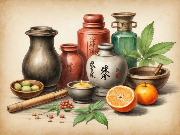 Auf dem Bild sind verschiedene Gefäße und Zutaten abgebildet, die typischerweise in der traditionellen chinesischen Medizin und bei alternativen Heilmethoden verwendet werden. Die verschiedenen Töpfe und Fläschchen könnten Kräuterextrakte, Öle oder Heilmittel enthalten, während die Früchte und die frischen Blätter auf natürliche Zutaten hinweisen, die zur Förderung des Wohlbefindens eingesetzt werden.Kräuter wie die abgebildeten könnten beispielsweise zur Stärkung des Immunsystems oder zur Unterstützung der Verdauung dienen. Die Verwendung von Zitrusfrüchten ist in vielen asiatischen Heilmethoden verbreitet, da sie reich an Vitamin C sind und das allgemeine Wohlbefinden fördern können. Die verschiedenen Schalen und Utensilien deuten darauf hin, dass hier möglicherweise Teezubereitungen, Salben oder andere natürliche Heilmittel hergestellt werden.Insgesamt vermittelt das Bild den Eindruck einer tief verwurzelten Tradition der Heilkunst, in der Naturstoffe zur Förderung von Gesundheit und Balance in Körper und Geist genutzt werden.