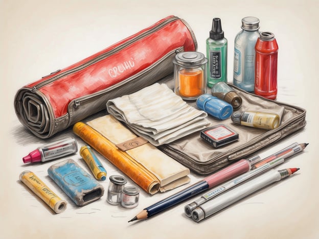 Auf dem Bild sind verschiedene Gegenstände zu sehen, die wahrscheinlich in einem kreativen oder künstlerischen Kontext verwendet werden. Dazu gehören eine rote Rolle, die vermutlich eine Matte oder Tasche ist, sowie viele bunte Stifte, Marker und Farbtuben. Es gibt auch Flaschen mit Flüssigkeiten, einige farbige Notizblätter und vielleicht sogar eine kleine Verpackung mit Hygieneartikeln.Hygieneartikel sind wichtig, um Sauberkeit und Gesundheit zu gewährleisten. Es könnte sich um Dinge wie Desinfektionsmittel, Feuchttücher oder Seife handeln, die oft in solchen Aufstellungen zu finden sind, um die Hygiene während kreativer Aktivitäten aufrechtzuerhalten.