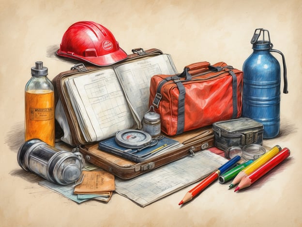Auf dem Bild sind verschiedene Gegenstände zu sehen, darunter ein roter Helm, Flaschen, eine Reisetasche, Notizbücher und einige Schreibutensilien. Diese Dinge können für verschiedene Tätigkeiten und Reisen nützlich sein.Eine Reiseapotheke für Mauritius ist wichtig, da sie dir hilft, auf gesundheitliche Notfälle vorbereitet zu sein. Mauritius ist bekannt für seine tropische Umgebung, die sowohl gesundheitliche Risiken als auch Verunreinigungen mit sich bringen kann. Eine gut ausgestattete Reiseapotheke kann Medikamente gegen Magenbeschwerden, Allergien, kleine Verletzungen und Insektenstiche enthalten. Darüber hinaus ist es auch ratsam, persönliche Medikamente und Erste-Hilfe-Utensilien dabei zu haben. Damit fühlst du dich sicherer und kannst deine Reise in vollen Zügen genießen.