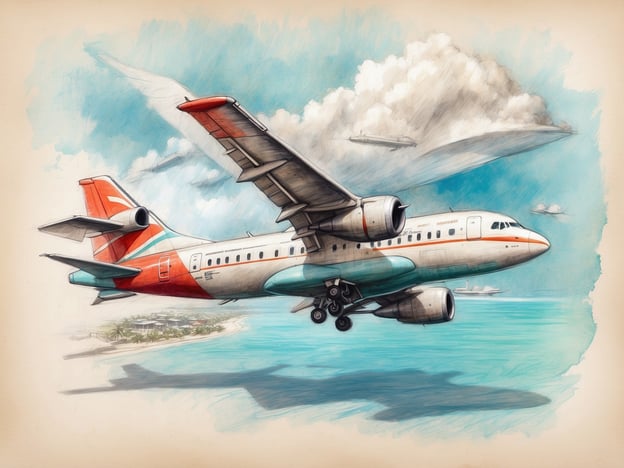 Ein farbenfrohes Flugzeug fliegt über einem klaren, blauen Wasser, das sanft an einen weißen Sandstrand grenzt. Im Hintergrund sind einige Wolken am Himmel zu sehen, und eine weitere Flugzeug-Silhouette ist in der Ferne erkennbar. Die Szene vermittelt das Gefühl von Reisen und Urlaub, ideal für eine Reise zu den Malediven.