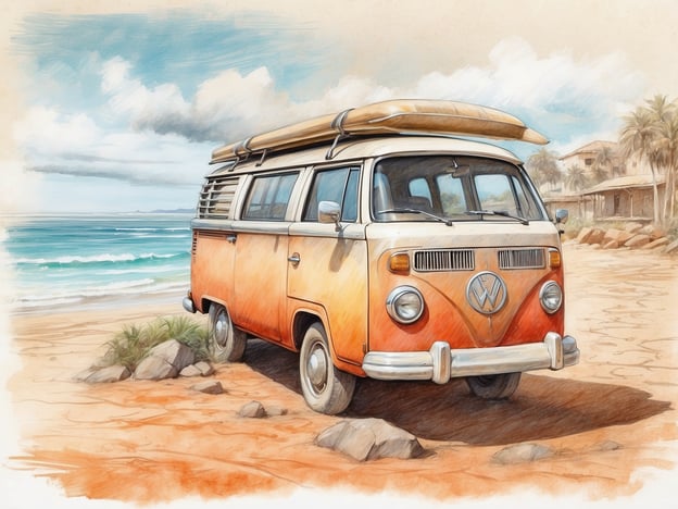 Auf dem Bild ist ein orange-weißer VW-Bus zu sehen, der am Strand geparkt ist, mit sanften Wellen im Hintergrund und einem klaren Himmel. Der Van hat ein Surfbrett auf dem Dach, was auf einen entspannten Lebensstil am Meer hinweist.In Sri Lanka könnte dieser Anblick in beliebten Surfspots wie Arugam Bay oder Hikkaduwa sein. Hier sind einige Besonderheiten für einen Aufenthalt in Sri Lanka:1. **Surfen**: Arugam Bay ist bekannt für seine hervorragenden Surfbedingungen, besonders während der Monsunzeit.2. **Strände**: Sri Lanka bietet eine Vielzahl von atemberaubenden Stränden, wo man relaxen, schwimmen oder die lokale Küche genießen kann.3. **Natur**: Die Küstenregionen sind oft von Palmen gesäumt und bieten eine malerische Kulisse. Viele Strände haben auch unberührte Bereiche, die ideal zum Entspannen sind.4. **Kultur**: In der Nähe befinden sich oft kleine Dörfer, in denen man die lokale Kultur, Traditionen und Handwerkskunst kennenlernen kann.5. **Abenteuer**: Es gibt viele Möglichkeiten für Outdoor-Aktivitäten, von Schnorcheln und Tauchen bis hin zu Wanderungen in den nahegelegenen Nationalparks.Das Bild vermittelt also ein Gefühl von Freiheit und Entspannung, das in Sri Lanka leicht zu finden ist!