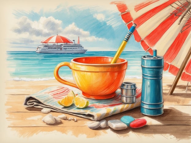 Auf dem Bild ist eine entspannte Strandszene zu sehen. Im Vordergrund steht eine orangefarbene Tasse mit einem Stift darin, neben ihr liegen einige Zitronenscheiben und eine bunte Stranddecke. Zusätzlich sind verschiedene Behälter zu sehen, darunter ein blauer und ein silberner. Im Hintergrund fährt ein Schiff auf dem Wasser.Vergessen Sie nicht, Sonnenschutz zu verwenden, um sich vor Sonnenbrand zu schützen!