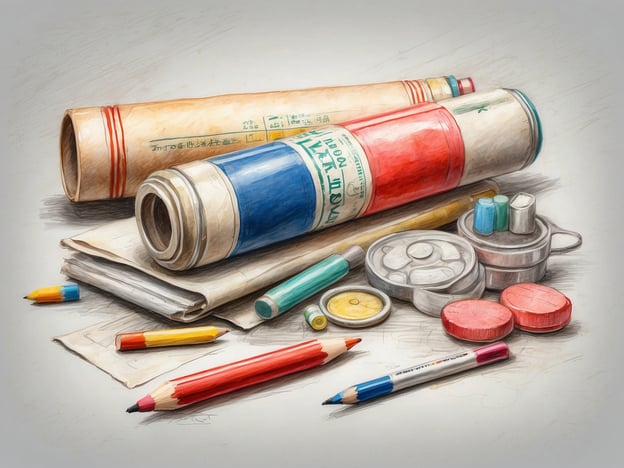 Auf dem Bild sind verschiedene Objekte zu sehen, die an eine Reiseapotheke erinnern könnten. Wichtige Medikamente und Utensilien für die Reiseapotheke können Folgendes umfassen:1. **Schmerzmittel** (z. B. Ibuprofen oder Paracetamol)2. **Fiebermittel**3. **Pflaster und Verbandsmaterial**4. **Desinfektionsmittel**5. **Magen-Darm-Medikamente** (z. B. gegen Durchfall)6. **Allergiemittel** (z. B. Antihistaminika)7. **Medikamente gegen Reiseübelkeit**8. **Kühlkompressen**Diese Gegenstände können helfen, kleinere Gesundheitsprobleme während der Reise zu behandeln.