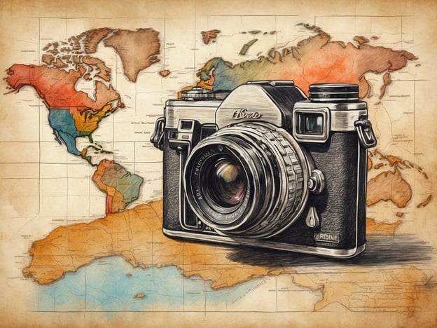 Auf dem Bild ist eine Kamera abgebildet, die prominent vor einer Weltkarte platziert ist. Die Karte zeigt verschiedene Kontinente, insbesondere Nord- und Südamerika, in bunten Farben. Die Kamera hat ein retro Design und scheint eine analoge Kamera zu sein. Diese Darstellung könnte auf Themen wie Reisen, Fotografie und Erkundung hinweisen.**Notwendige Utensilien:**1. Kamera (analoge/retro Kamera)2. Weltkarte3. Farbige Markierungen der Kontinente