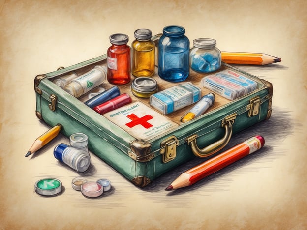 Auf dem Bild ist eine kleine Reisetasche oder Box zu sehen, die mit verschiedenen Medikamenten und medizinischen Utensilien gefüllt ist. Um auf eine optimale Reiseapotheke vorzubereiten, hier einige Tipps:1. **Basis-Ausstattung:** Stellen Sie sicher, dass Sie grundlegende Medikamente wie Schmerzmittel (z.B. Ibuprofen oder Paracetamol), Medikamente gegen Übelkeit und Durchfall sowie Erkältungsmedikamente einpacken.2. **Verbandmaterial:** Pflaster, sterile Mullbinden und antiseptische Lösungen sind wichtig für kleine Verletzungen.3. **Spezielle Medikamente:** Wenn Sie regelmäßig Medikamente einnehmen, denken Sie daran, genügend für die gesamte Reise mitzunehmen.4. **Hautpflege:** Sonnencreme und Insektenschutzmittel sind unerlässlich, besonders in warmen oder tropischen Ländern.5. **Erste-Hilfe-Set:** Ein komplettes Erste-Hilfe-Set kann im Notfall sehr hilfreich sein.6. **Reiseapotheke prüfen:** Überprüfen Sie vor der Abreise das Verfallsdatum der Medikamente und ersetzen Sie abgelaufene Produkte.7. **Persönliche Bedürfnisse:** Berücksichtigen Sie besondere Gesundheitsbedürfnisse, wie Allergien oder chronische Erkrankungen.Mit einer gut vorbereiteten Reiseapotheke sind Sie besser auf unvorhergesehene Situationen vorbereitet.