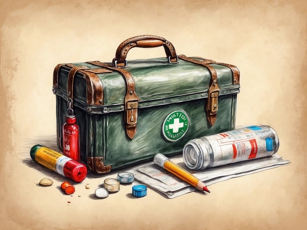 Auf dem Bild ist eine grüne Reiseapotheke zu sehen, die mit verschiedenen Medikamenten und Utensilien gefüllt ist. Um die optimale Reiseapotheke zusammenzustellen, sollten folgende Dinge enthalten sein:1. **Erste-Hilfe-Set**: Pflaster, Verbandsmaterial, Desinfektionsmittel.2. **Schmerzmittel**: Ibuprofen oder Paracetamol.3. **Medikamente gegen Übelkeit**: Für Reiseübelkeit.4. **Allergiemittel**: Antihistaminika.5. **Durchfallmittel**: Loperamid oder Elektrolytpulver.6. **Sonstige Medikamente**: Je nach persönlichen Bedürfnissen, wie z.B. persönliche Dauermedikamente.7. **Thermometer**: Zur Fiebermessung.8. **Schere und Pinzette**: Für kleine Verletzungen und Entfernung von Splittern.Eine gut ausgestattete Reiseapotheke kann helfen, kleine Verletzungen und Krankheiten während der Reise effektiv zu behandeln.