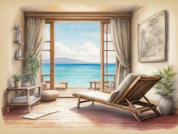 Auf dem Bild ist ein entspannender Raum mit einem Blick auf das Meer zu sehen. Ein gemütlicher Liegestuhl und Pflanzen schaffen eine ruhige Atmosphäre. Um einen stressfreien Urlaub zu genießen, hier einige Entspannungstipps:1. **Meditation und Atemübungen**: Nimm dir täglich Zeit für kurze Meditations- oder Atemsessions, um den Geist zu beruhigen.2. **Digital Detox**: Reduziere die Bildschirmzeit und genieße die Natur um dich herum.3. **Regelmäßige Pausen**: Plane kleine Pausen ein, um frische Luft zu schnappen oder einfach nur zu entspannen.4. **Natur erleben**: Gehe an den Strand oder mache Spaziergänge, um neue Energie zu tanken.5. **Gesunde Ernährung**: Achte auf leichte, nahrhafte Mahlzeiten, die dir gut tun.Diese Tipps können helfen, deinen Urlaub noch entspannter zu gestalten!
