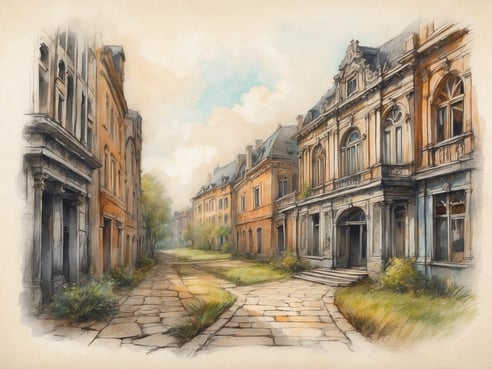 Eine verwunschene Straße mit alten, prachtvollen Gebäuden, die zum Teil verfallen sind. Die Architektur weist beeindruckende Details auf, während die Fassade der Häuser in sanften Farben strahlt. Der Boden ist mit unregelmäßigen Steinplatten bedeckt, und die Umgebung ist von üppigem Grün umgeben. Hohe Bäume und Sträucher wachsen wild und verleihen dem Ort eine geheimnisvolle Atmosphäre. Am Himmel ziehen sanfte Wolken vorbei, die dem Bild eine nostalgische Stimmung verleihen.