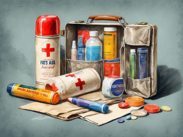 Auf dem Bild ist eine Reiseapotheke zu sehen, die verschiedene medizinische Produkte enthält, darunter:1. **Erste-Hilfe-Spray** – für schnelle Wundversorgung.2. **Desinfektionsmittel** – zur Reinigung von Wunden.3. **Verbandszeug** – für das Abdecken von Verletzungen.4. **Schmerzlindernde Salbe** – zur Linderung von Schmerzen und Entzündungen.5. **Kühlgel oder -spray** – zur Linderung von Prellungen oder Verstauchungen.6. **Medikamente gegen Übelkeit oder Allergien** – für unerwartete Beschwerden auf Reisen.Diese Must-have Produkte sind wichtig, um auf Reisen gut vorbereitet zu sein und kleinere Verletzungen oder Erkrankungen schnell behandeln zu können.