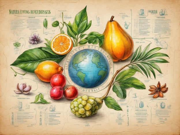 Auf dem Bild sind verschiedene Früchte und Pflanzen abgebildet, die eine Verbindung zur Natur und möglicherweise zur traditionellen Medizin haben. In der Mitte ist eine Weltkarte zu sehen, die darauf hinweist, dass die Pflanzen möglicherweise global oder regional geschätzt werden.**Besondere Hinweise für die Reiseapotheke auf Bali:**1. **Mückenabwehr**: Bring ein gutes Insektenschutzmittel mit, um sich vor Mückenstichen zu schützen, da diese Krankheiten wie Denguefieber übertragen können.2. **Sonnenschutz**: Ein hochwirksamer Sonnenschutz ist unerlässlich, um Sonnenbrand zu vermeiden, insbesondere bei Ausflügen in die Natur.3. **Medikamente gegen Durchfall**: Medikamente wie Loperamid können hilfreich sein, da Veränderungen in der Ernährung zu Magenbeschwerden führen können.4. **Erste-Hilfe-Set**: Eine Grundausstattung mit Pflastern, antiseptischen Tüchern und Schmerzmitteln ist ratsam.5. **Rezeptpflichtige Medikamente**: Falls du regelmäßig Medikamente benötigst, stelle sicher, dass du ausreichend für die Dauer deines Aufenthalts mitbringst.6. **Wasseraufbereitung**: Beachte, dass Leitungswasser in Bali nicht trinkbar ist. Eine Wasseraufbereitungstabletten oder ein Wasserfilter kann nützlich sein.