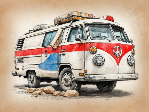 Auf dem Bild ist ein Fahrzeug zu sehen, das wie ein Rettungswagen gestaltet ist, mit auffälligen roten und blauen Farbtönen und einem Zeichen, das Frieden symbolisiert.In Bezug auf Notfallvorbereitungen könnte ein Fahrzeug wie dieses wichtig sein, um in Krisensituationen schnell zu reagieren. Es ist ratsam, in Notfällen nicht nur ein solches Fahrzeug bereit zu haben, sondern auch eine Notfallausrüstung, die Erste-Hilfe-Materialien, Wasser, Nahrungsmittel und eine Kommunikationsmöglichkeit umfasst.Versicherungen spielen ebenfalls eine entscheidende Rolle. Eine geeignete Krankenversicherung oder eine Unfallversicherung kann im Falle eines Notfalls die finanziellen Belastungen deutlich verringern. Darüber hinaus können spezielle Versicherungen für Fahrzeuge, besonders für Einsatzfahrzeuge, wichtige Aspekte des Schutzes und der Haftung abdecken.