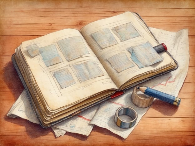 Auf dem Bild ist ein aufgeschlagenes Buch zu sehen, das mit Karten und Notizen gefüllt ist. Daneben liegen weitere Papiere, die Hinweise auf Reisepläne oder Routen geben könnten. Wichtige Reisevorbereitungen, die man daraus ableiten kann, sind:1. **Reiseziele planen**: Karten und Notizen helfen, die Reiseroute zu bestimmen.2. **Unterkünfte und Aktivitäten**: Aufzeichnungen können Informationen über Unterkünfte oder Sehenswürdigkeiten enthalten.3. **Packliste**: Mit Bleistift und Papier können persönliche Gegenstände und wichtige Dokumente notiert werden.4. **Budgetplanung**: Ein Überblick über Kosten und Ausgaben kann ebenfalls hilfreich sein.Diese Vorbereitungen sorgen dafür, dass die Reise gut organisiert und stressfrei verläuft.