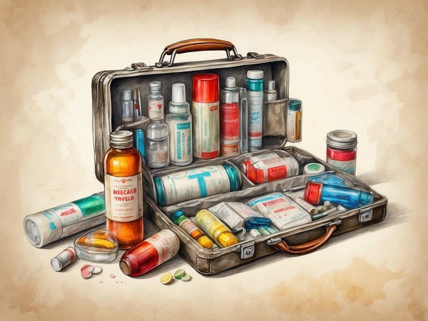 Auf dem Bild ist eine Reiseapotheke zu sehen, die mit verschiedenen Medikamenten und medizinischen Produkten gefüllt ist. Für eine gut ausgestattete Reiseapotheke sollten folgende notwendige Medikamente enthalten sein:1. **Schmerzmittel** (z. B. Ibuprofen oder Paracetamol)2. **Fiebermittel**3. **Antihistaminika** (bei Allergien)4. **Magen-Darm-Medikamente** (z. B. gegen Durchfall oder Übelkeit)5. **Wundversorgung** (Pflaster, sterile Verbände)6. **Antiseptika** (zur Desinfektion von Wunden)7. **Kühlgel** (bei Verstauchungen und Schwellungen)8. **Reiseübelkeitstabletten**9. **Medikamente für chronische Erkrankungen** (wie z. B. Asthma-Inhalatoren)10. **Vitaminpräparate**Diese Zusammenstellung kann abhängig von den Reisegewohnheiten und möglichen Gesundheitsrisiken angepasst werden.