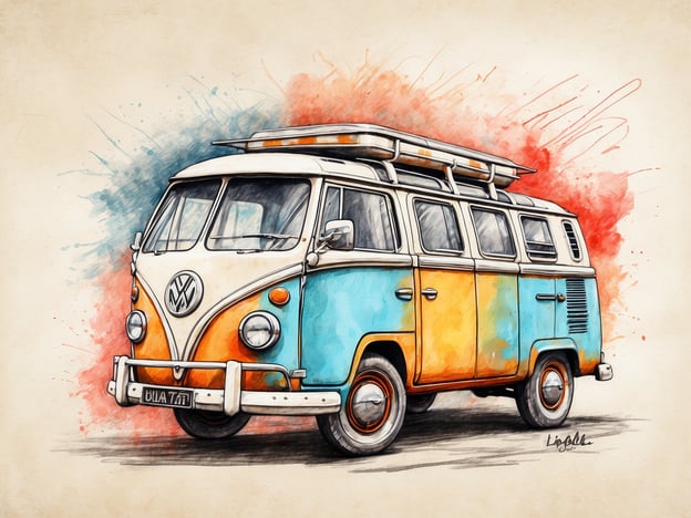 Auf dem Bild ist ein farbenfroher VW-Bus zu sehen, der im Vintage-Stil gestaltet ist.Nachhaltiges Reisen bedeutet, dass man umweltfreundliche als auch sozialverträgliche Praktiken beim Reisen anwendet. Dazu gehören unter anderem die Reduzierung des CO2-Fußabdrucks, die Unterstützung lokaler Kulturen und Wirtschaften sowie der respektvolle Umgang mit der Natur und den Lebensräumen der besuchten Orte.