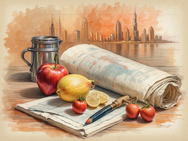 Auf dem Bild sind verschiedene Gegenstände zu sehen: ein Behälter, mehrere frische Früchte wie Äpfel, eine Zitrone und eine Birne, sowie ein gerolltes Dokument und ein Stift auf einem Tisch. Im Hintergrund ist eine städtische Landschaft mit Wolkenkratzern zu erkennen, die an Dubai erinnert.In Bezug auf Gesundheitsrisiken in Dubai ist es wichtig, auf die Qualität der Lebensmittel und die Hygienestandards in Restaurants und Märkten zu achten. Hohe Temperaturen können die Haltbarkeit von Lebensmitteln beeinflussen, und es ist ratsam, frische Produkte wie Obst und Gemüse aus vertrauenswürdigen Quellen zu beziehen, um Erkrankungen zu vermeiden.
