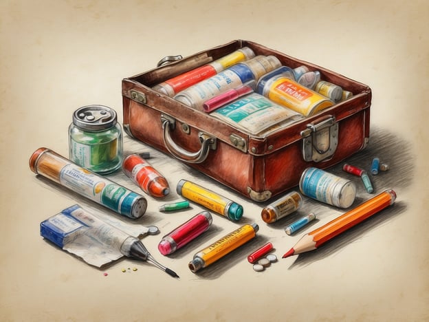 Auf dem Bild ist ein Koffer zu sehen, der mit verschiedenen Medikamenten und Artefakten gefüllt ist. Dies könnte darauf hindeuten, dass es sich um eine Reiseapotheke handelt.**Tipps zur Zusammenstellung einer Reiseapotheke:**1. **Basisbedarf**: Packen Sie Schmerzmittel, Fiebermittel und eventuell Medikamente gegen Übelkeit ein.2. **Erste-Hilfe-Set**: Verbandsmaterial, Pflaster und antiseptische Lösungen sind wichtig für kleinere Verletzungen.3. **Spezifische Medikamente**: Nehmen Sie persönliche Medikamente mit, die Sie regelmäßig einnehmen müssen.4. **Reiseübelkeit**: Produkte gegen Reiseübelkeit sollten ebenfalls nicht fehlen.5. **Allergien**: Antihistaminika sind nützlich, falls Allergien auftreten.6. **Hygieneartikel**: Desinfektionsmittel und andere Hygieneartikel können nützlich sein, besonders auf Reisen.7. **Packen Sie ausreichend ein**: Denken Sie daran, genug Medikamente für die Dauer Ihrer Reise einzupacken, plus etwas Reserve.8. **Evtl. Reisekrankenschutz**: Informieren Sie sich über notwendige Impfungen oder Medikamente gegen Reisekrankheiten.Es ist wichtig, die Reiseapotheke gut organisiert und nach Bedarf angepasst zu halten.
