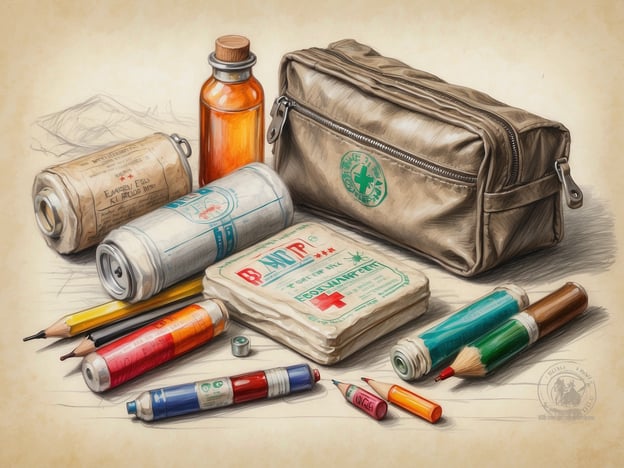 Auf dem Bild sind verschiedene Gegenstände zu sehen, die mit einer Reiseapotheke in Verbindung stehen könnten, darunter Sprühdosen, Medikamente und eine Tasche.Hier sind einige Tipps zur Zusammenstellung einer effektiven Reiseapotheke für Camping:1. **Basisversorgung**: Stellen Sie sicher, dass Sie grundlegende Dinge wie Pflaster, Verbände, antiseptische Tücher und eine Schere dabei haben.2. **Medikamente**: Packen Sie wichtige Medikamente wie Schmerzmittel (Ibuprofen oder Paracetamol), Allergiemittel und eventuell spezielle Medikamente für chronische Erkrankungen ein.3. **Erste-Hilfe-Mittel**: Inkludieren Sie ein Erste-Hilfe-Handbuch, um schnell reagieren zu können. Achten Sie darauf, dass auch eine Splintschiene enthalten ist.4. **Hygieneartikel**: Desinfektionsmittel, Handschuhe und eventuell auch eigene Hygieneartikel sollten nicht fehlen.5. **Sonstiges**: Denken Sie an Insektenschutzmittel, Sonnencreme und eine kleine Kühlbox für Medikamente, die kühl gelagert werden müssen.6. **Individuelle Bedürfnisse**: Berücksichtigen Sie spezielle Bedürfnisse aller Reise-Teilnehmer, z.B. für Kinder oder Personen mit Allergien.Eine gut ausgestattete Reiseapotheke kann Ihnen helfen, kleinere Verletzungen und gesundheitliche Probleme während des Campings zu bewältigen.