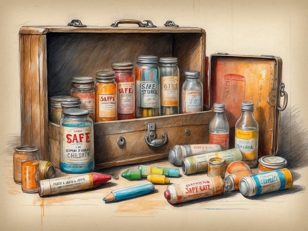 Auf dem Bild ist eine alte Holzkiste mit verschiedenen Flaschen und Dosen zu sehen, die wahrscheinlich medizinische Produkte oder Utensilien enthalten.Hier sind einige Sicherheitshinweise für die Reiseapotheke beim Camping:1. **Inhalt prüfen**: Überprüfen Sie den Inhalt regelmäßig, um sicherzustellen, dass alle Medikamente und Verbandsmaterialien in gutem Zustand sind und nicht abgelaufen sind.2. **Geeignete Lagerung**: Bewahren Sie die Reiseapotheke an einem kühlen, trockenen Ort auf, um die Wirksamkeit der Medikamente zu erhalten.3. **Kindersicherheit**: Halten Sie die Reiseapotheke außerhalb der Reichweite von Kindern, um Unfälle zu vermeiden.4. **Wetterfest machen**: Stellen Sie sicher, dass die Apotheke wasserdicht verpackt ist, um die Inhalte vor Feuchtigkeit zu schützen.5. **Notfallnummern**: Legen Sie eine Liste mit wichtigen Notfallnummern, wie die lokale Apotheke oder Klinik, bei.6. **Allergien und besondere Bedürfnisse**: Berücksichtigen Sie beim Packen die individuellen medizinischen Bedürfnisse und Allergien aller Reisenden.Diese Maßnahmen helfen, sicher und gesund beim Camping zu bleiben.