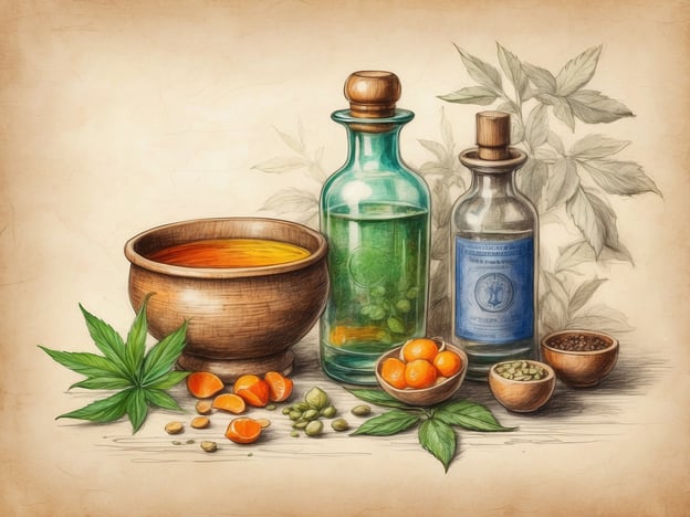 Auf dem Bild sind verschiedene homöopathische Mittel und Zutaten zu sehen. Es zeigt eine Schüssel, die möglicherweise eine Lösung oder Tinktur enthält, sowie mehrere Flaschen, die typische Verpackungen für homöopathische Arzneien darstellen. Dazu sind verschiedene Kräuter und eventuell kleine Früchte oder Samen abgebildet, die häufig in der Homöopathie verwendet werden.Was ist Homöopathie? Homöopathie ist eine alternativmedizinische Methode, die auf der Annahme basiert, dass "Ähnliches durch Ähnliches geheilt werden kann". Dabei werden stark verdünnte Substanzen eingesetzt, die bei gesunden Menschen ähnliche Symptome hervorrufen würden wie die, die behandelt werden sollen. Homöopathische Mittel sollen die Selbstheilungskräfte des Körpers anregen.