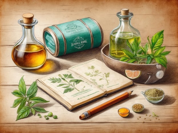 Auf dem Bild sind verschiedene apothekerische Elemente zu sehen, darunter Flaschen mit Flüssigkeiten, Pflanzenteile, ein Notizbuch mit botanischen Illustrationen sowie einige kleine Schälchen mit pulverisierten oder festen Substanzen. Diese Darstellung könnte in einer homöopathischen Reiseapotheke Verwendung finden.Für eine homöopathische Reiseapotheke sind folgende Mittel nützlich:1. **Arnica** – Bei Prellungen und Verletzungen.2. **Nux vomica** – Gegen Übelkeit und Reisekrankheit.3. **Belladonna** – Bei Fieber und Entzündungen.4. **Chamomilla** – Bei Schlafstörungen oder Unruhe.5. **Pulsatilla** – Für emotionale Unterstützung, besonders bei Reisen.6. **Gelsemium** – Bei Angst vor Reisen.Es ist wichtig, sich vor der Anwendung über die Dosierung und spezifischen Wirkungen zu informieren.