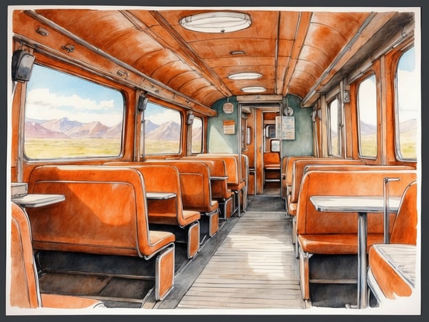 Auf dem Bild ist das Innere eines Zugabteils zu sehen, mit orangefarbenen Sitzen und großen Fenstern, durch die man eine malerische Landschaft mit Bergen sehen kann.Für nachhaltiges Reisen in einem Zug könnte man folgende Tipps beachten:1. **Öffentliche Verkehrsmittel nutzen**: Züge verursachen im Vergleich zu Autos und Flugzeugen weniger CO₂-Emissionen.2. **Nachhaltige Snacks mitbringen**: Anstatt im Bordrestaurant zu kaufen, eigene Snacks in wiederverwendbaren Behältern mitnehmen.3. **Plastik vermeiden**: Auf Einwegplastik verzichten und statt dessen wiederverwendbare Flaschen und Behälter nutzen.4. **Umweltbewusste Unterkunft wählen**: Wenn man an einem Zielort ankommt, nachhaltig geführte Hotels oder Hostels auswählen.5. **Langsame Reisen**: Die Zeit im Zug genießen und die Landschaft bewusst wahrnehmen, anstatt zu hetzen.Diese Tipps helfen, die Umwelt während des Reisens zu schonen.