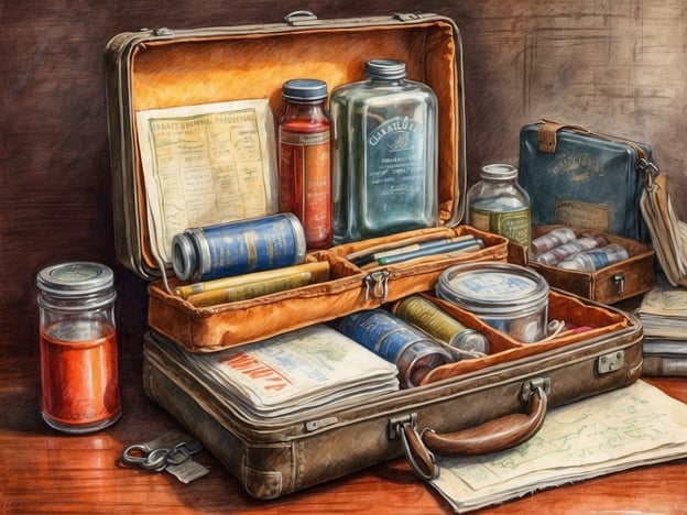 Auf dem Bild ist eine alte Reisetasche oder medizinische Box zu sehen, die mit verschiedenen Fläschchen, Dosen, Medikamenten und anderen medizinischen Utensilien gefüllt ist. Die Box scheint auch einige Dokumente oder Karten zu enthalten.Hier sind einige praktische Tipps für die Aufbewahrung und Organisation einer Reiseapotheke:1. **Geeignete Behälter wählen**: Verwenden Sie eine wasserdichte und stoßfeste Tasche oder Box, um die Medikamente vor Beschädigung und Feuchtigkeit zu schützen.2. **Inhaltsverzeichnis erstellen**: Listen Sie alle Medikamente und Utensilien auf, um im Notfall schnell zugreifen zu können.3. **Notwendige Medikamente**: Packen Sie grundlegende Medikamente wie Schmerzmittel, Antihistaminika und Verbandsmaterial ein. Berücksichtigen Sie auch persönliche Medikamente.4. **Trennfächer verwenden**: Nutzen Sie kleine Behälter oder Fächer für verschiedene Kategorien, z. B. für Pflaster, Salben und Tabletten, um die Suche zu erleichtern.5. **Verfallsdaten überprüfen**: Stellen Sie sicher, dass alle Medikamente noch innerhalb des Haltbarkeitsdatums liegen und ersetzen Sie abgelaufene Produkte.6. **Reise den Bedürfnissen anpassen**: Je nach Reiseart (Wanderung, Flugzeug, Roadtrip) können unterschiedliche medizinische Bedürfnisse bestehen. Passen Sie die Inhalte entsprechend an.7. **Kindersicher verstauen**: Wenn Sie mit Kindern reisen, stellen Sie sicher, dass die Apotheke für sie unerreichbar ist.Das sorgt dafür, dass Sie gut vorbereitet sind, egal wohin die Reise geht!