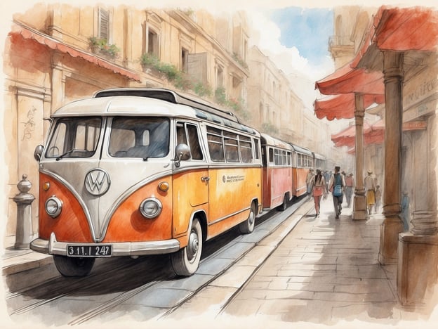 Auf dem Bild ist ein vintage Bus, vermutlich ein Volkswagen, in einer malerischen Straße zu sehen, die von Menschen belebt ist.Busreisen bieten viele Vorteile:1. **Kosteneffizienz**: Tickets sind oft günstiger als Flugreisen oder Autofahren.2. **Umweltfreundlich**: Busse haben einen niedrigeren CO2-Ausstoß pro Person.3. **Entspannung**: Reisende können sich entspannen, lesen oder die Landschaft genießen, ohne sich um den Verkehr kümmern zu müssen.4. **Soziale Interaktion**: Man hat die Möglichkeit, mit anderen Passagieren ins Gespräch zu kommen und neue Bekanntschaften zu schließen.5. **Flexible Haltstellen**: Man kann an vielen verschiedenen Orten ein- und aussteigen.Diese Aspekte machen Busreisen zu einer attraktiven und angenehmen Form des Reisens.