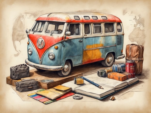 Auf dem Bild ist ein klassischer VW-Bus zu sehen, umgeben von verschiedenen Gepäckstücken und Reiseutensilien.Hier ist eine Packliste für die Busreise:1. **Reisegepäck** - Koffer - Rucksack - Handgepäck2. **Kleider** - Bequeme Kleidung - Jacke oder Pullover - Unterwäsche und Socken3. **Toilettenartikel** - Zahnpasta und Zahnbürste - Shampoo und Duschgel - Deodorant4. **Technologie** - Smartphone und Ladegerät - Kopfhörer - Powerbank5. **Essen und Trinken** - Wasserflasche - Snacks (Müsliriegel, Früchte) - Lunchbox6. **Unterhaltung** - Bücher oder E-Reader - Notizbuch und Stifte - Spiele oder Karten7. **Dokumente** - Reisepass oder ID - Tickets und Reservierungen - Reiseversicherung8. **Erste-Hilfe-Set** - Pflaster - Schmerzmittel - AllergiemittelDiese Liste hilft, während der Busreise gut vorbereitet zu sein!