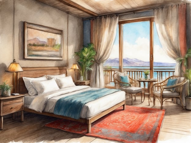Das Bild zeigt ein gemütliches Hotelzimmer mit einem großen Fenster, das einen schönen Blick auf das Wasser und die Berge bietet. Es gibt ein bequemes Bett, einen bequemen Sitzbereich mit einem kleinen Tisch und einige Pflanzen, die eine entspannte Atmosphäre schaffen.Hier sind einige Tipps für ein angenehmes Reiseerlebnis:1. **Planung im Voraus:** Recherchiere dein Reiseziel und plane wichtige Aktivitäten, um Zeit und Stress zu sparen.2. **Komfortable Unterkunft:** Wähle eine Unterkunft wie in dem Bild, die dir sowohl einen schönen Ausblick als auch Ruhe bietet, um nach einem langen Tag zu entspannen.3. **Packe leicht:** Nimm nur das Nötigste mit, um die Mobilität zu fördern.4. **Genieße lokale Küche:** Probiere die traditionellen Gerichte deines Reiseziels, um das kulturelle Erlebnis zu bereichern.5. **Zeit für Entspannung:** Plane Zeit ein, um einfach zu entspannen, vielleicht in der Nähe deines Zimmers, um die Umgebung zu genießen.6. **Interagiere mit Einheimischen:** Das gibt dir die Möglichkeit, mehr über die Kultur und die besten Orte zu erfahren.Habe eine tolle Reise!