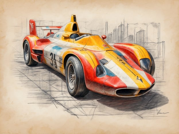 Auf dem Bild ist ein Rennwagen zu sehen, der mit einer auffälligen Farbgestaltung in Rot, Gelb und Weiß präsentiert wird. Das Design erinnert an klassische Sportwagen aus der Mitte des 20. Jahrhunderts, mit aerodynamischen Linien und einer tiefen Fahrzeugstruktur, die für schnelle Geschwindigkeit optimiert ist.Die Zeichnung hat einen skizzenhaften Stil, der dem Bild eine kreative und künstlerische Note verleiht. Es scheint, dass der Wagen ein besonderes Augenmerk auf Details legt, was das Interesse von Automobilenthusiasten und Kunstliebhabern gleichermaßen wecken könnte.Die Darstellung vermittelt ein Gefühl von Geschwindigkeit und Dynamik, wodurch der Rennwagen eindrucksvoll zur Geltung kommt. Solche Kunstwerke werden oft in Ausstellung und Sammlungen geschätzt, da sie den Nervenkitzel und die Ästhetik des Motorsports einfangen.