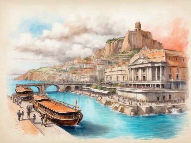 Auf dem Bild ist eine malerische Küstenstadt zu sehen, die von einer beeindruckenden Klippenlandschaft umgeben ist. Es gibt ein lebhaftes Wasser, in dem traditionelle Boote liegen. Im Hintergrund erhebt sich eine historische Festung oder Kirche auf dem Gipfel eines Hügels, während elegante Gebäude am Ufer stehen.**Reiseziele und Reiseroute:**1. **Küstenstadt**: Diese Stadt könnte als erstes Ziel Ihrer Reise dienen, ideal für Erkundungen, Sehenswürdigkeiten und kulinarische Erlebnisse.2. **Hügelige Umgebung**: Der Aufstieg zur Festung oder Kirche bietet atemberaubende Ausblicke und eine Mischung aus Kultur und Geschichte.3. **Bootsausflüge**: Die Boote laden zu kurzen Touren oder Erkundungen in der Umgebung ein, was eine entspannende Möglichkeit ist, die Küste zu entdecken.Diese Route könnte wunderbar für einen Wochenendausflug oder eine längere Reise geeignet sein, um die Schönheit und Geschichte der Region vollständig zu erleben.