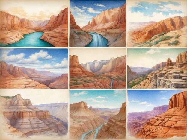 Auf dem Bild sind verschiedene malerische Landschaften mit beeindruckenden Schluchten, Bergen und einem Fluss zu sehen. Diese Szenen erinnern an beliebte Reiseziele wie den Grand Canyon in den USA, der oft von Touristen besucht wird.Beliebte Busreisen führen häufig zu Naturwundern wie:1. **Grand Canyon Nationalpark** – Atemberaubende Ausblicke und Wanderungen entlang der Kante.2. **Zion Nationalpark** – Berühmt für seine hohen Felswände und malerischen Wanderungen.3. **Sedona** – Bekannt für ihre roten Felsen und spirituellen Retreats.4. **Antelope Canyon** – Berühmt für seine engen Spalten und das eindrucksvolle Lichtspiel.Diese Reiseziele bieten zahlreiche Möglichkeiten für Ausflüge und Fotografien in atemberaubender Natur.