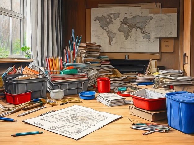 Auf dem Bild ist ein Arbeitsbereich zu sehen, der mit verschiedenen Materialien und Utensilien überladen ist. Es gibt viele Bücher, Stifte, Unterlagen und Zeichnungen auf einem Tisch verstreut. Eine Weltkarte hängt an der Wand, was einen Hinweis auf internationale Themen geben könnte.In Bezug auf nachhaltige Unterkünfte könnte man hier anregen, dass ein solches kreatives Umfeld ideal ist, um Ideen für umweltfreundliche Bauprojekte oder nachhaltige Lebensweisen zu entwickeln. Die Unordnung könnte auch darauf hinweisen, dass viele Gedanken und Konzepte gerade bearbeitet werden, was oft ein Teil des kreativen Prozesses ist, der für die Entwicklung umweltbewusster Lösungen wichtig ist.