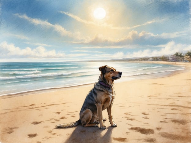 Auf dem Bild ist ein Hund zu sehen, der am Strand sitzt. Der Hund genießt die Aussicht auf das Meer und die Sonne scheint strahlend am Himmel.Die ideale Reisezeit für einen Nordseeurlaub mit Hund liegt meist in den Monaten Mai bis September. In dieser Zeit ist das Wetter angenehm und die Strände sind oft gut zugänglich für Hunde. Außerdem sind viele Ferienunterkünfte auf Hunde eingestellt, was den Aufenthalt erleichtert.