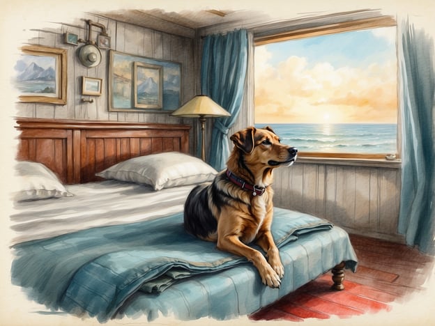 Auf dem Bild ist ein Hund zu sehen, der auf einem Bett in einem gemütlichen Raum sitzt und aus einem Fenster auf die Nordsee schaut. Der Raum hat eine warme, einladende Atmosphäre mit Bilderrahmen an den Wänden und einem schönen Blick auf den Sonnenuntergang.Wenn du nach hundefreundlichen Unterkünften an der Nordsee suchst, gibt es viele Optionen. Hier sind einige empfehlenswerte:1. **Strandhotel in St. Peter-Ording**: Bietet spezielle Hundezimmer und hat direkten Zugang zum Strand, wo Hunde willkommen sind.2. **Ferienhaus auf Amrum**: Viele Ferienhäuser auf Amrum sind hundefreundlich und bieten viel Platz für Hunde zum Spielen.3. **Hotel in Sylt**: Es gibt zahlreiche Hotels auf Sylt, die Hunde willkommen heißen, часто mit besonderen Annehmlichkeiten für Tiere.4. **Campingplatz in Cuxhaven**: Ideal für Hundebesitzer, die die Natur lieben, und es gibt viele Hundestrände in der Nähe.Stelle sicher, die jeweiligen Regelungen der Unterkünfte zu prüfen, um einen sorgenfreien Aufenthalt für dich und deinen Hund zu gewährleisten!