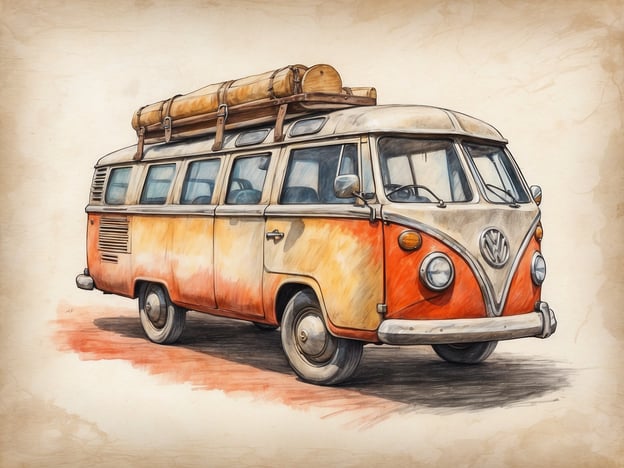 Auf dem Bild ist ein klassischer VW-Bus zu sehen, der ideal für Ausflüge und Reisen geeignet ist. Dieser ikonische Transporter ist oft mit einem Dachgepäckträger ausgestattet, der sich gut für Campingausflüge oder Roadtrips eignet. Mit einem VW-Bus kann man viele Sehenswürdigkeiten besuchen, wie zum Beispiel:- Nationalparks, wo man die Natur genießen kann.- Küstenstraßen für einen atemberaubenden Blick auf das Meer.- Historische Städte, um die Kultur und Architektur zu erkunden.Solche Fahrzeuge sind ein Symbol für Freiheit und Abenteuergeist, perfekt für gemeinsame Erlebnisse mit Freunden oder Familie.